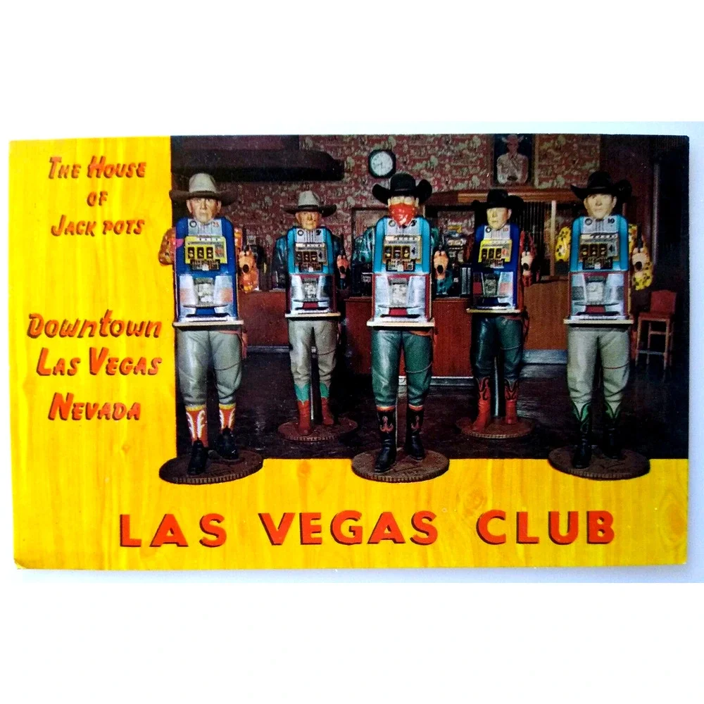 Las Vegas Club Casino Hotel Postcard Nevada One Arm Bandit Cowboy Gambling Hall